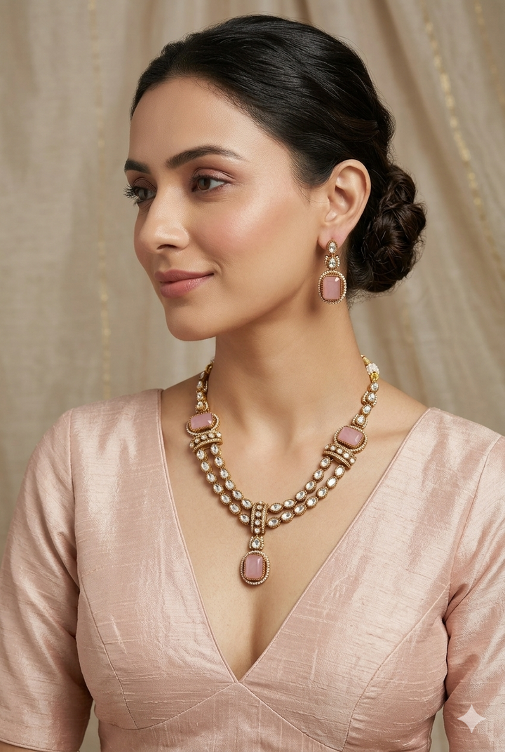 Pink Stone Moissanite Kundan Necklace Set with Earrings Gold Plated