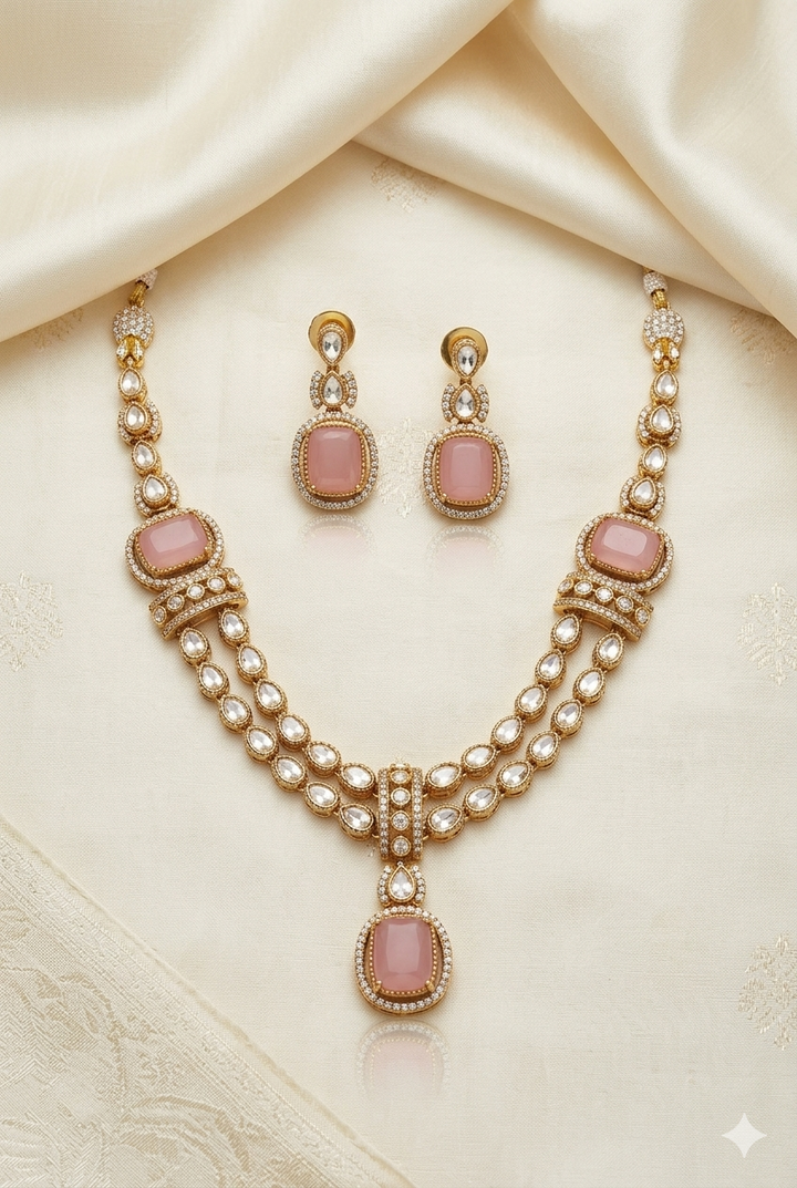 Pink Stone Moissanite Kundan Necklace Set with Earrings Gold Plated