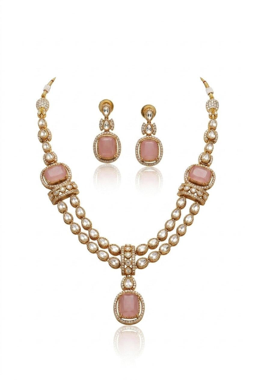Pink Stone Moissanite Kundan Necklace Set with Earrings Gold Plated