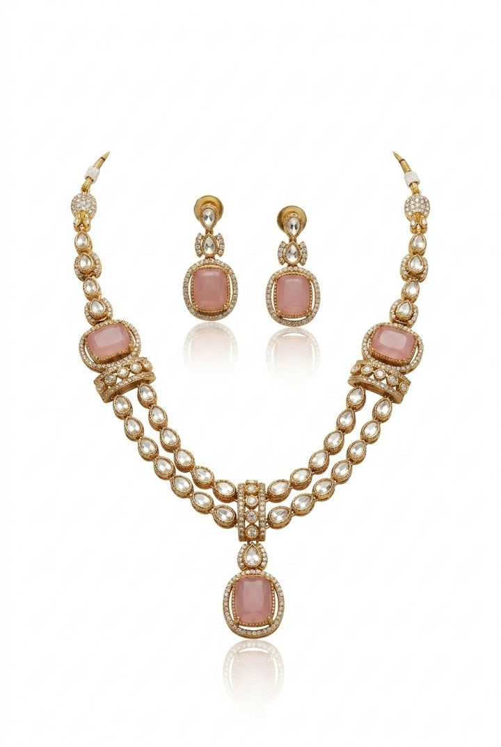Pink Stone Moissanite Kundan Necklace Set with Earrings Gold Plated