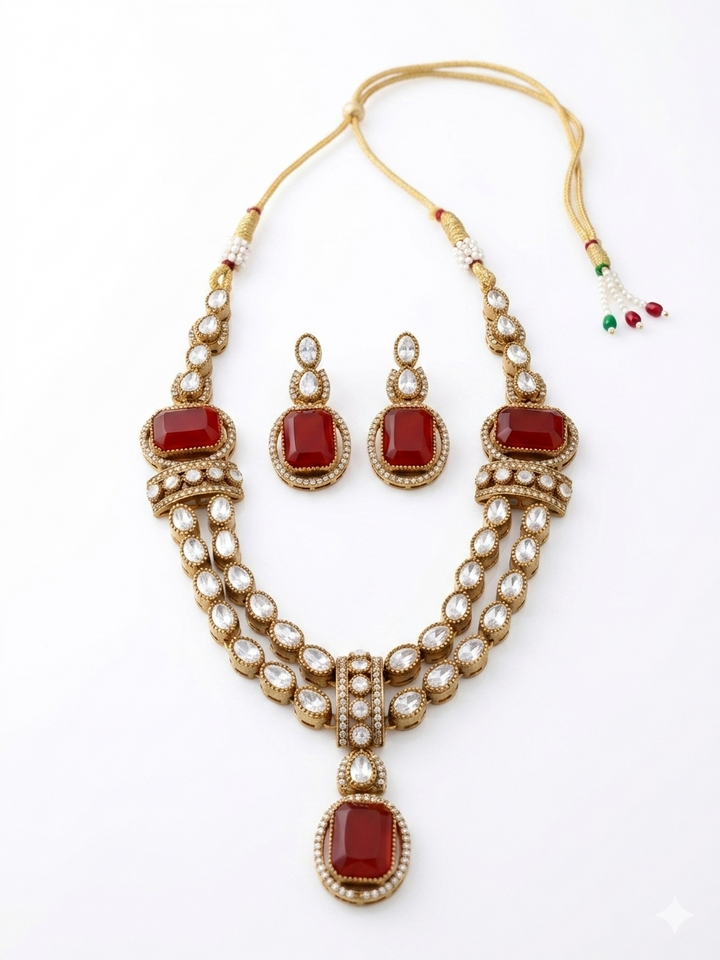 Red Stone Moissanite Kundan Necklace Set with Earrings Gold Plated