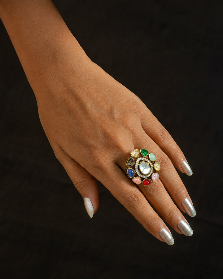 Navratna Floral Statement Ring