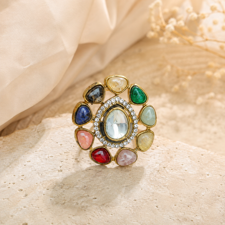 Navratna Floral Statement Ring