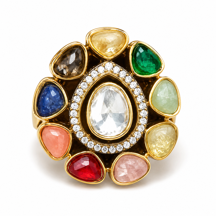 Navratna Floral Statement Ring