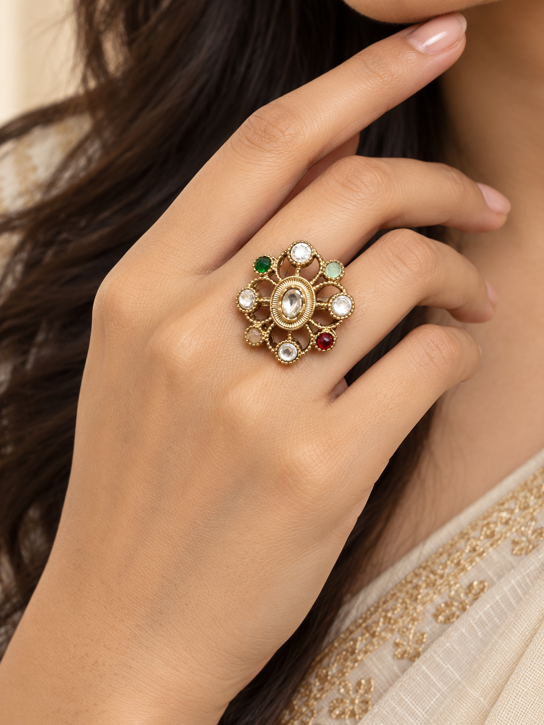 Multicolor Kundan Statement Ring