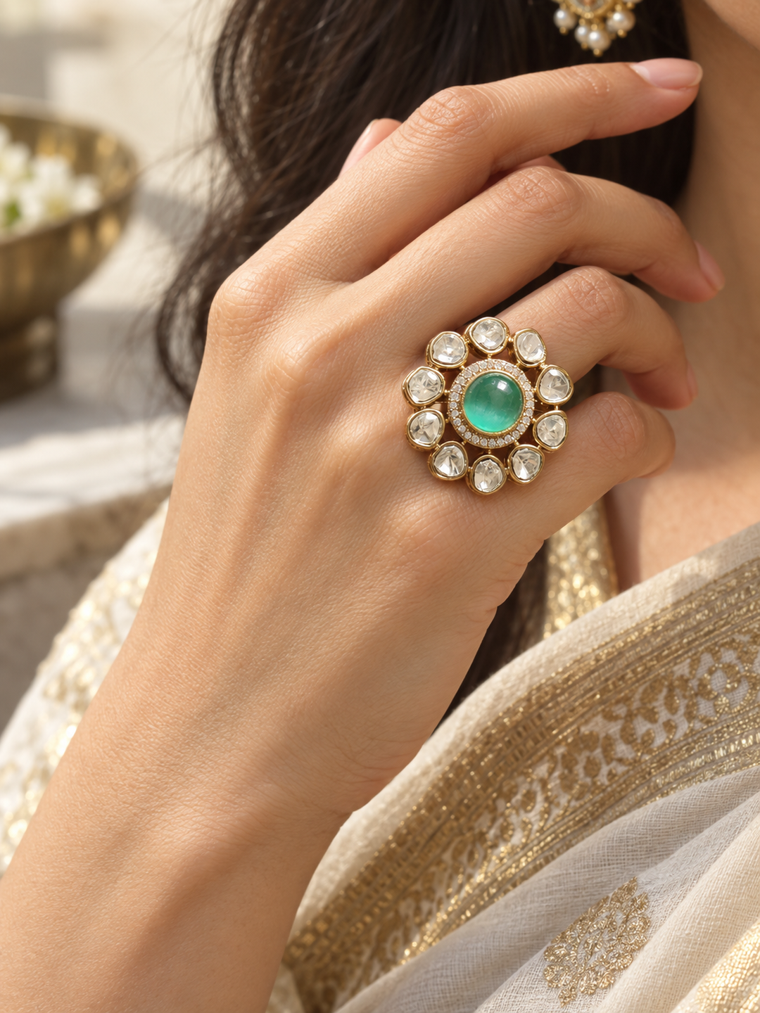 Green Polki Kundan Statement Ring