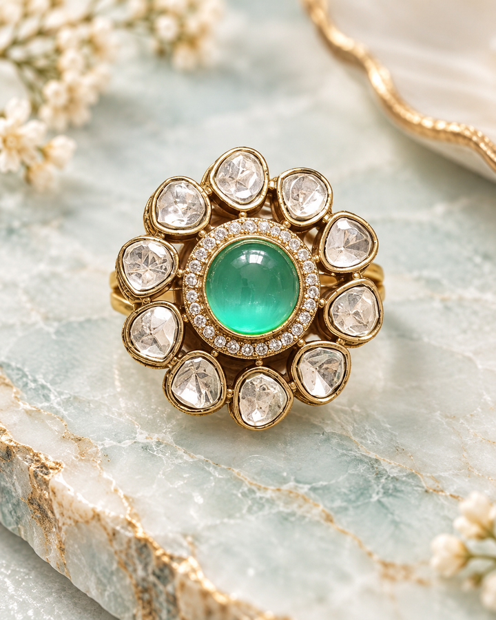 Green Polki Kundan Statement Ring