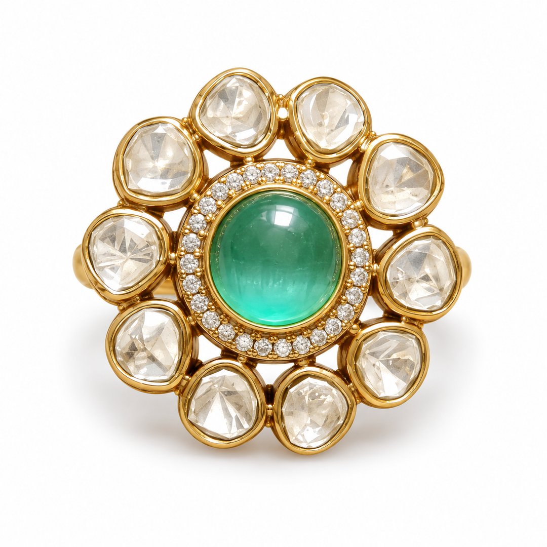 Green Polki Kundan Statement Ring