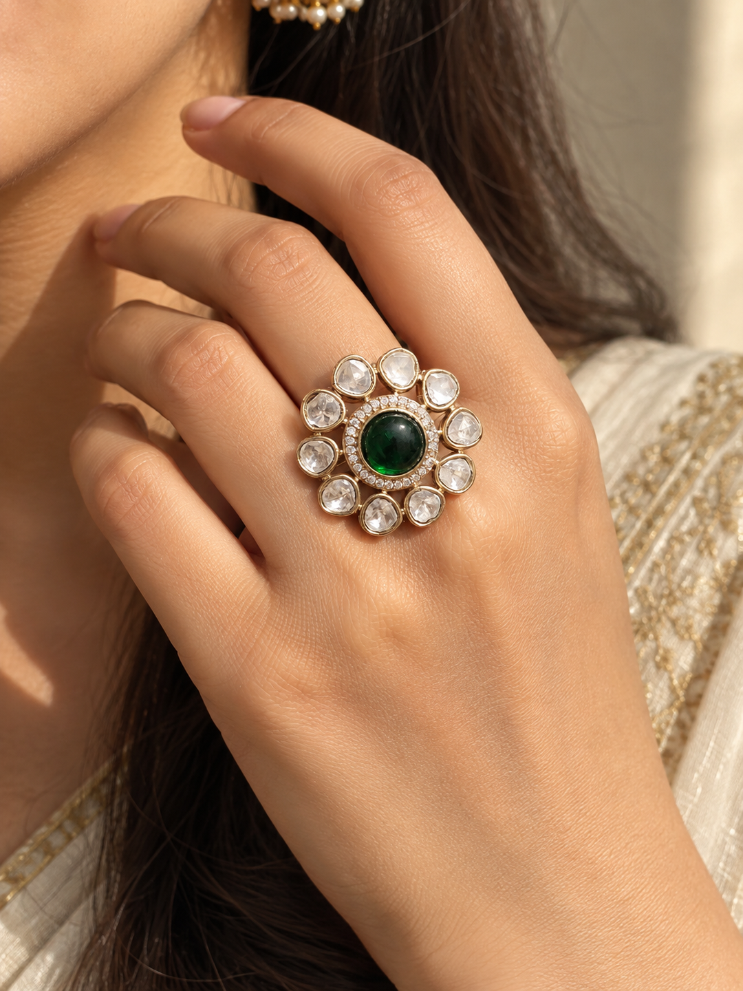 Emerald Polki Statement Ring
