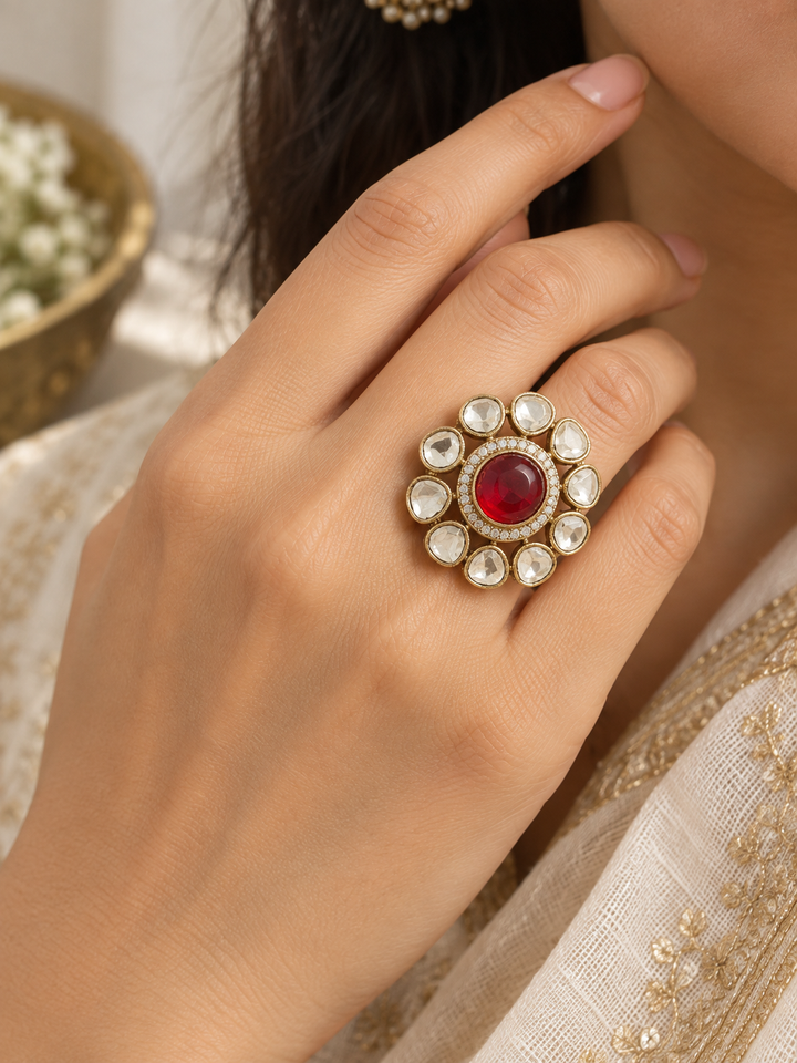 Ruby Red Kundan Statement Ring
