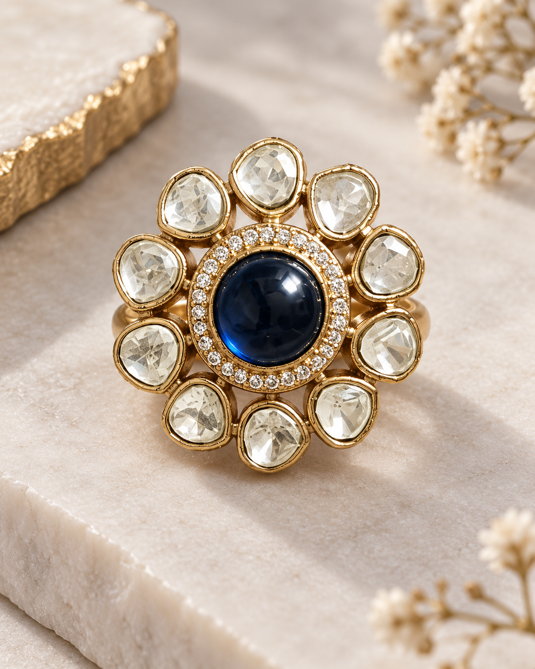 Blue Polki Kundan Statement Ring