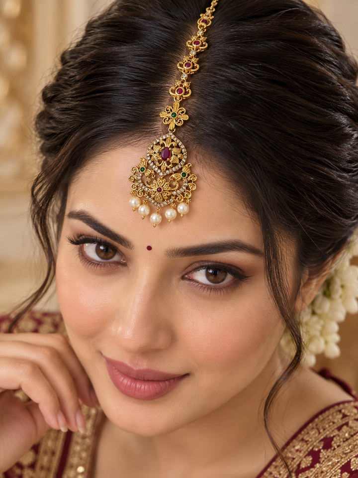 Antique Gold Pearl Maang Tikka