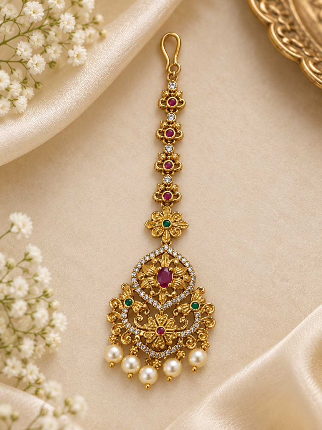 Antique Gold Pearl Maang Tikka