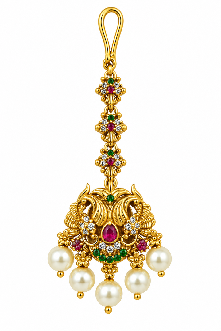Antique Peacock Pearl Maang Tikka