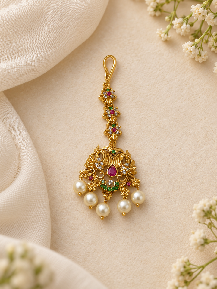 Antique Peacock Pearl Maang Tikka