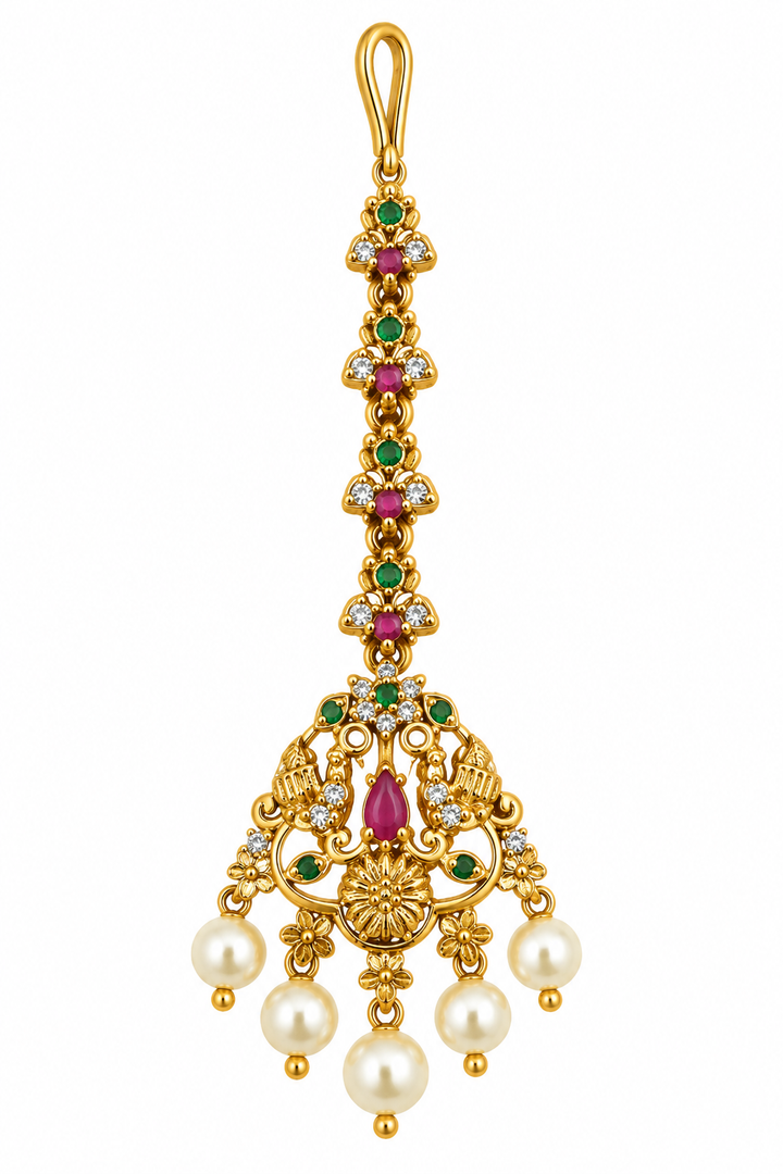 Antique Peacock Pearl Maang Tikka
