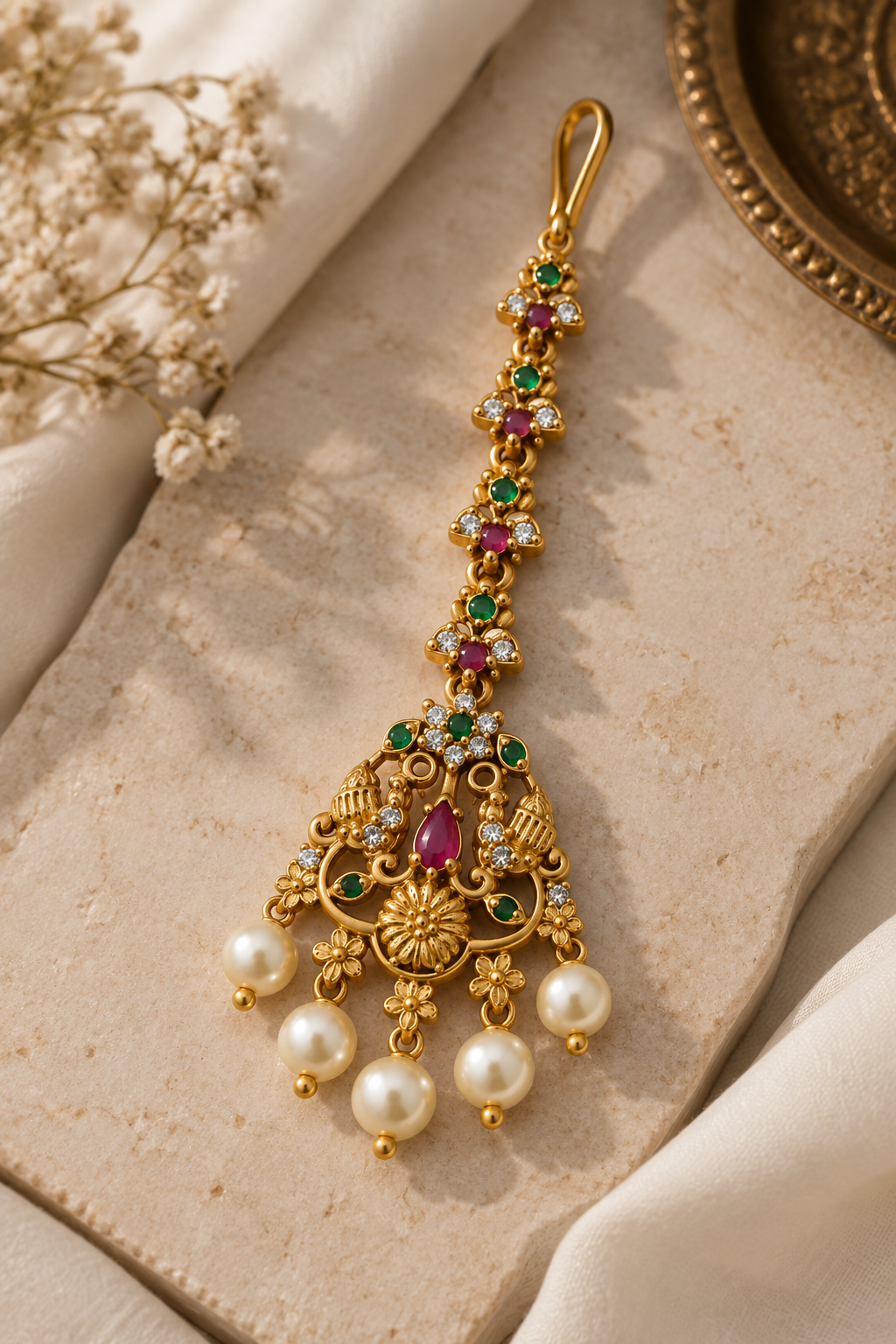 Antique Peacock Pearl Maang Tikka