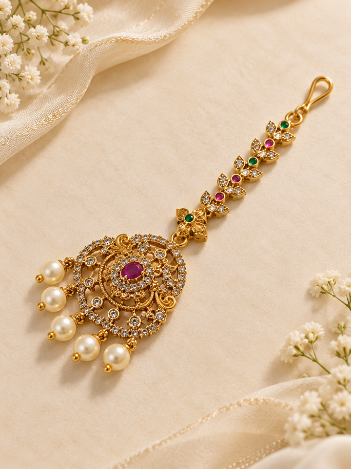 Antique Pearl Gold Maang Tikka
