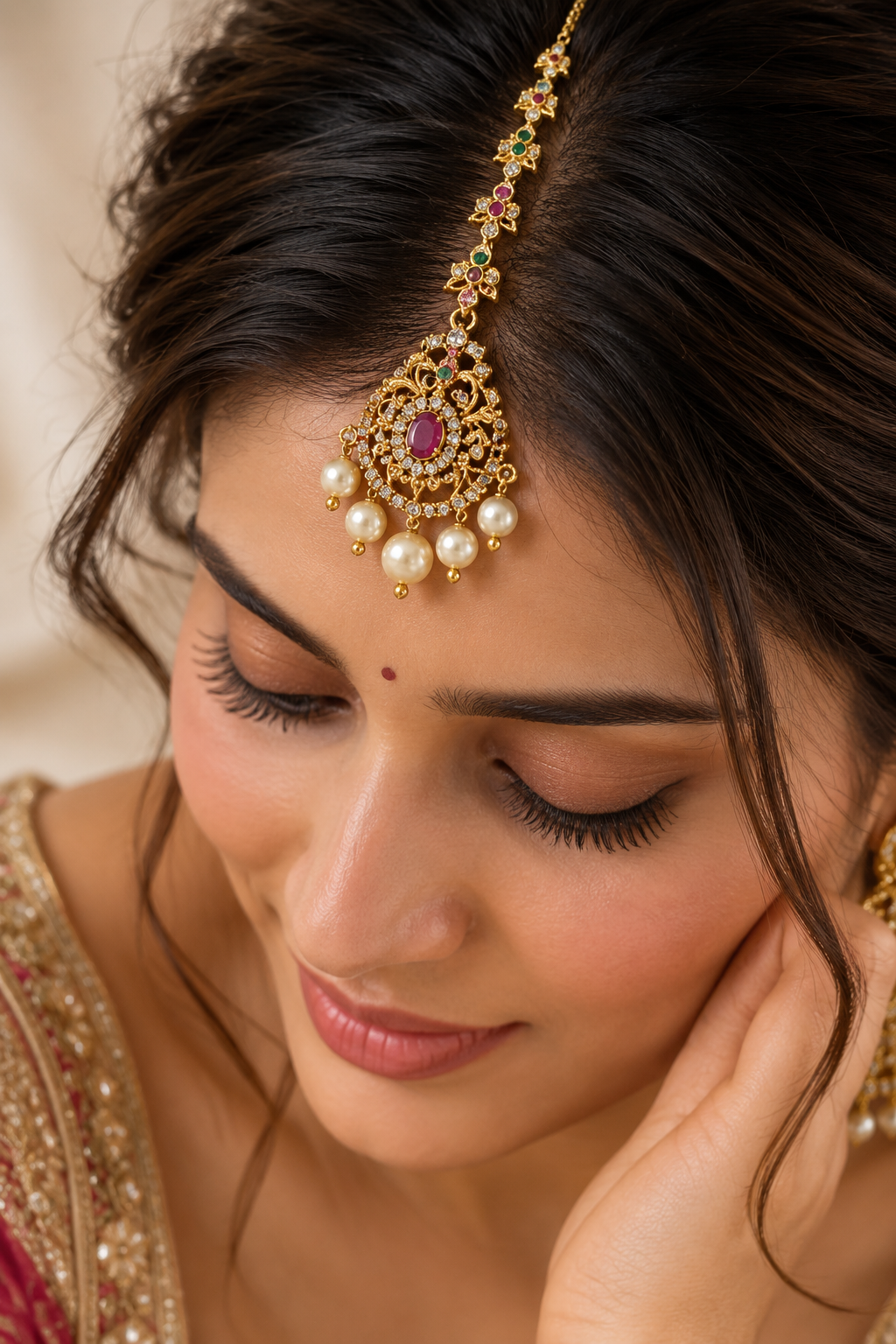 Antique Pearl Gold Maang Tikka