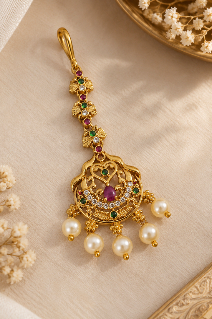 Antique Gold Chand Pearl Maang Tikka