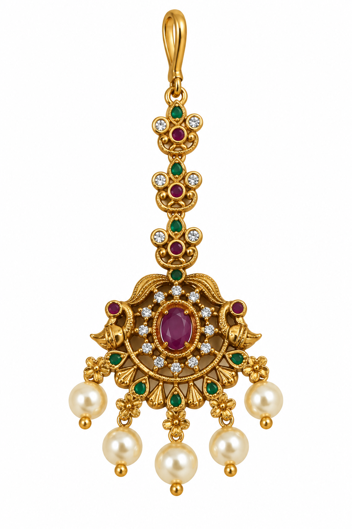 Antique Ruby Pearl Maang Tikka