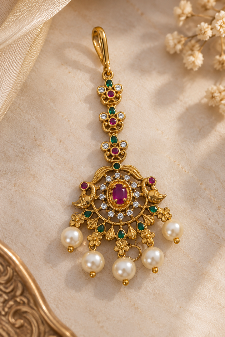 Antique Ruby Pearl Maang Tikka