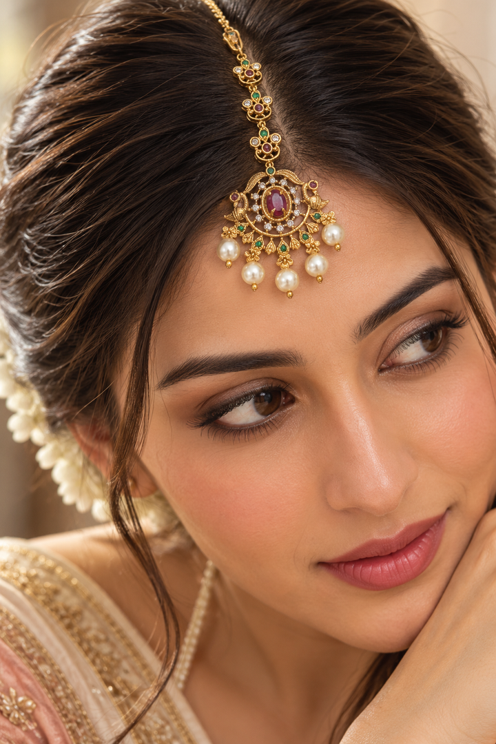 Antique Ruby Pearl Maang Tikka
