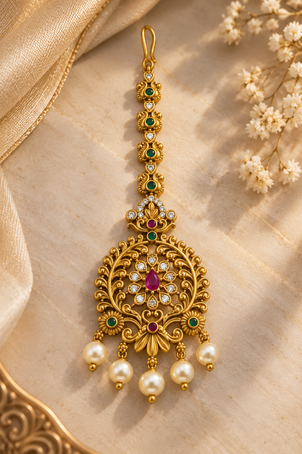 Antique Floral Ruby Maang Tikka