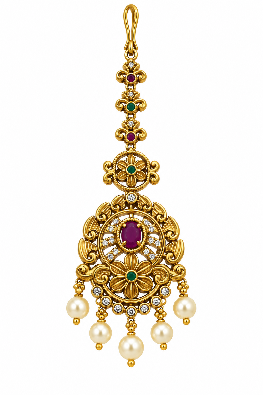 Antique Floral Ruby Pearl Maang Tikka
