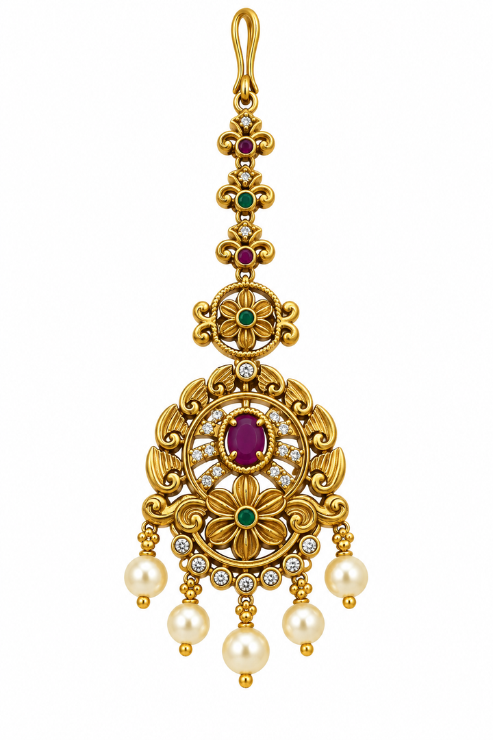 Antique Floral Ruby Pearl Maang Tikka