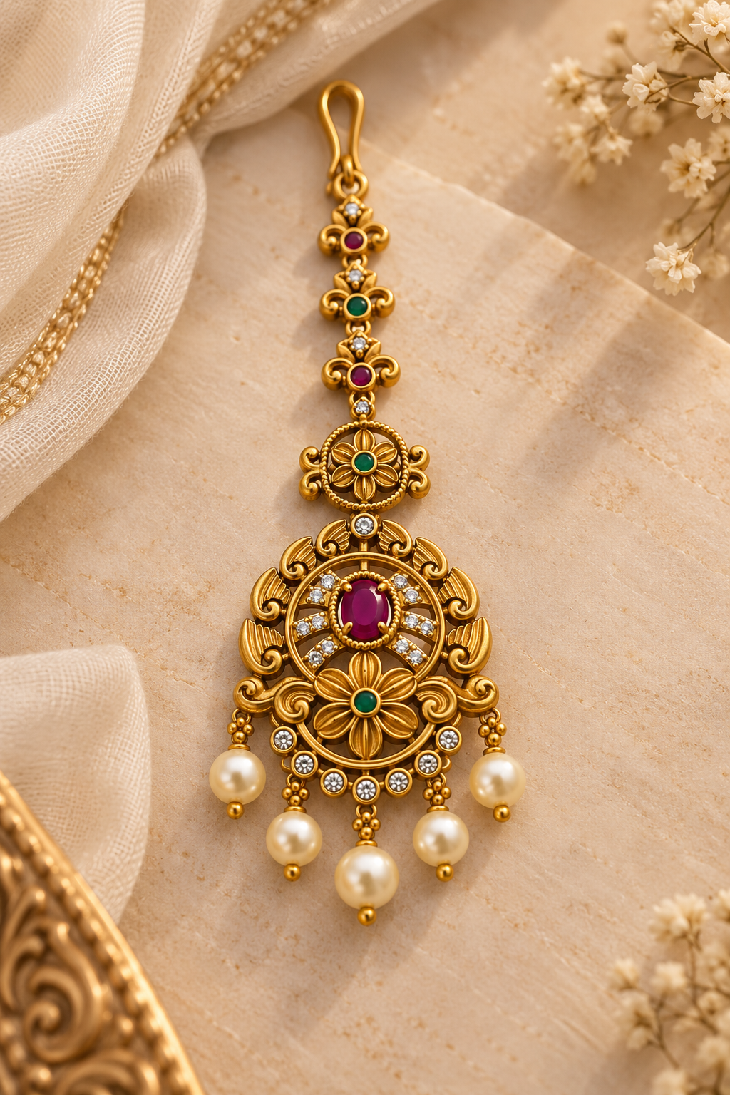 Antique Floral Ruby Pearl Maang Tikka