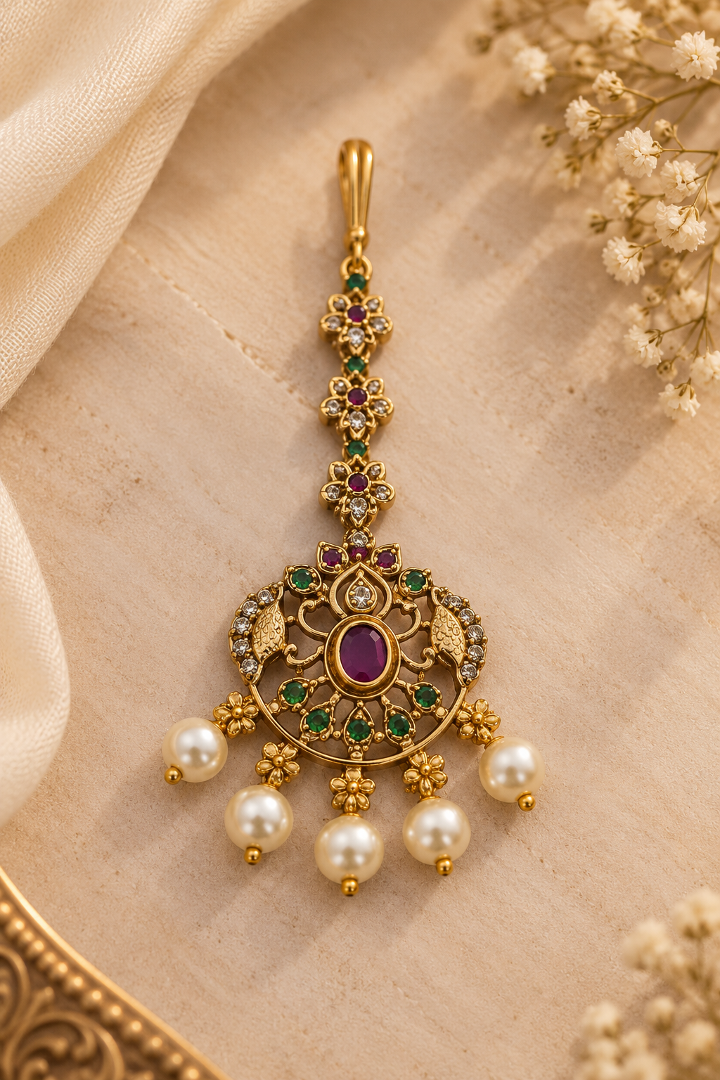 Antique Peacock Ruby Maang Tikka