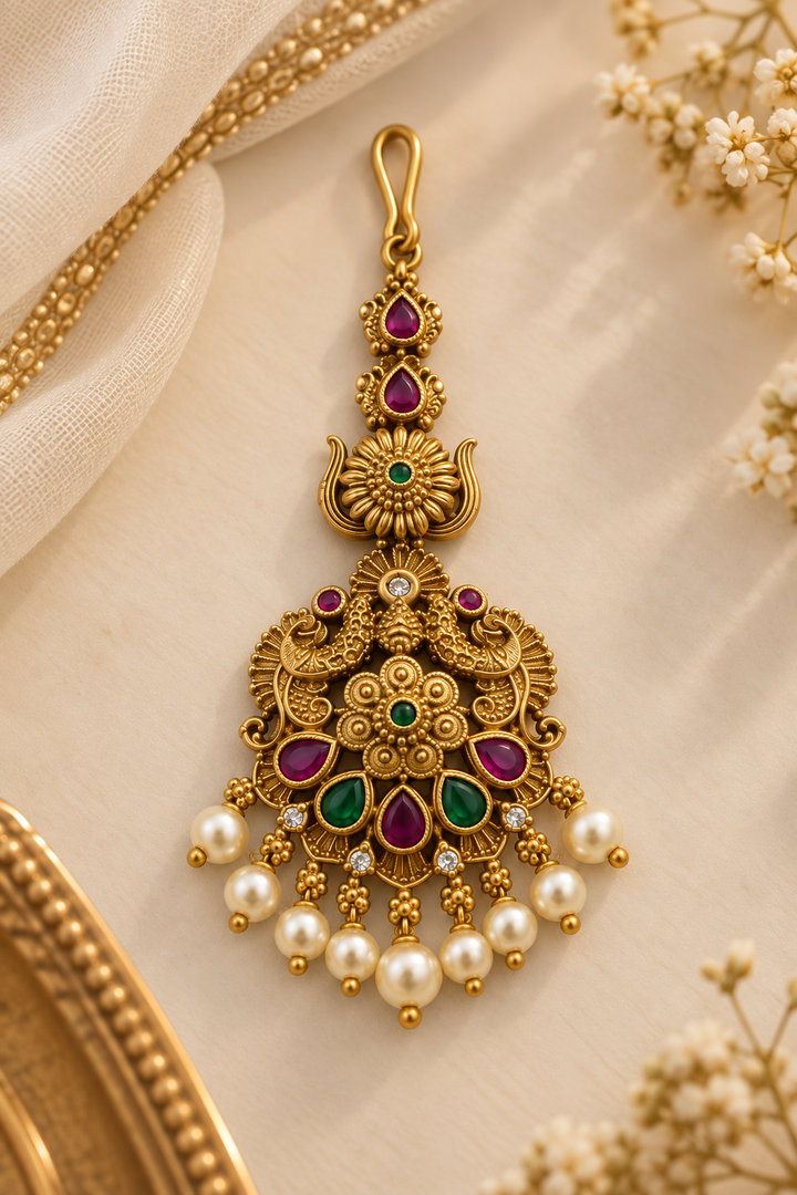 Antique Floral Pearl Maang Tikka