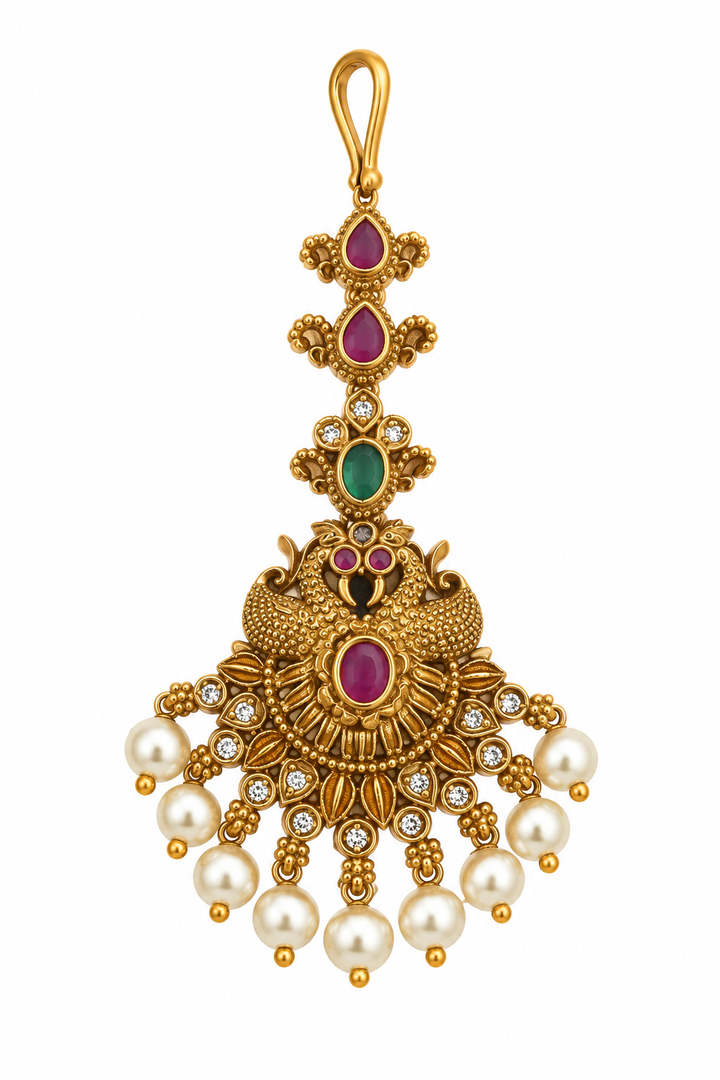 Antique Peacock Pearl Maang Tikka
