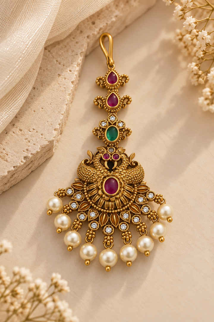 Antique Peacock Pearl Maang Tikka