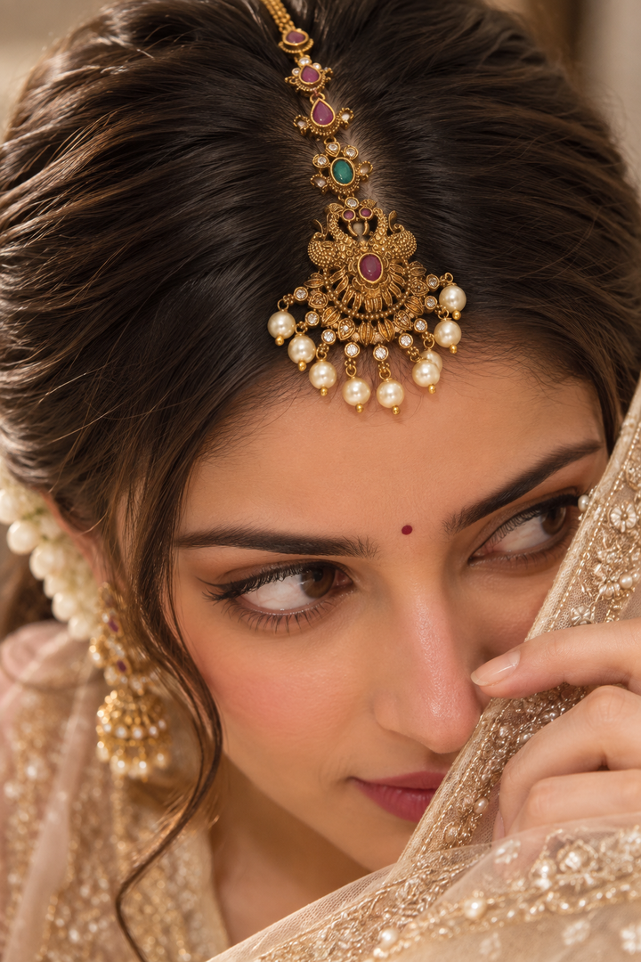 Antique Peacock Pearl Maang Tikka