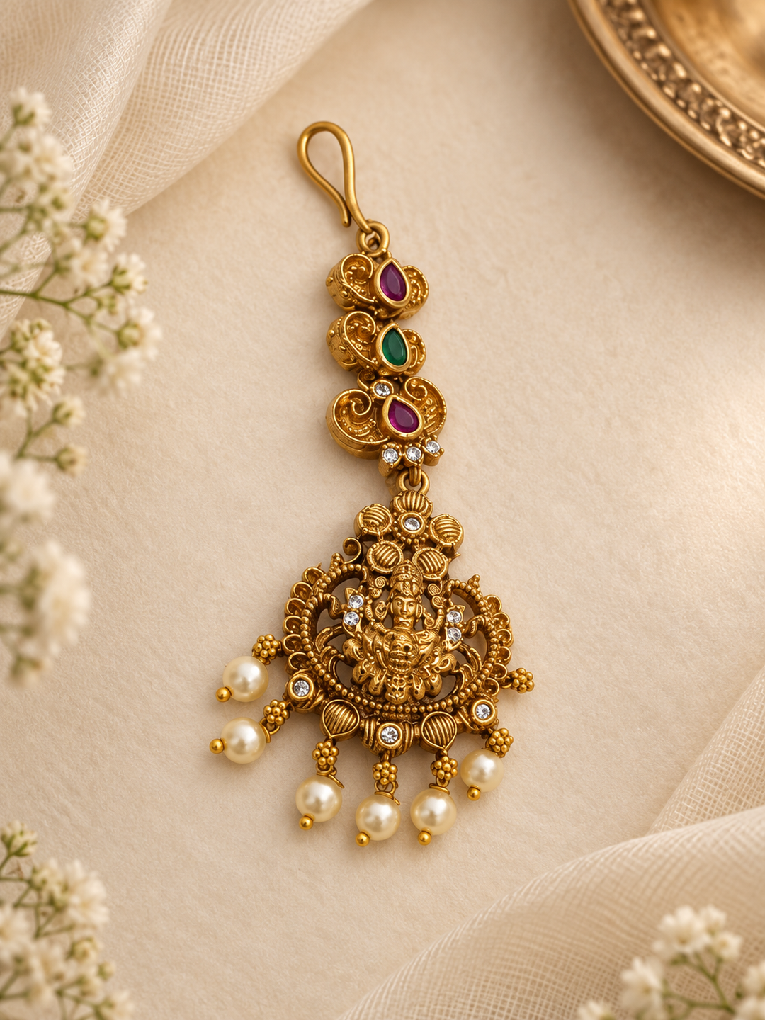 Antique Temple Pearl Maang Tikka