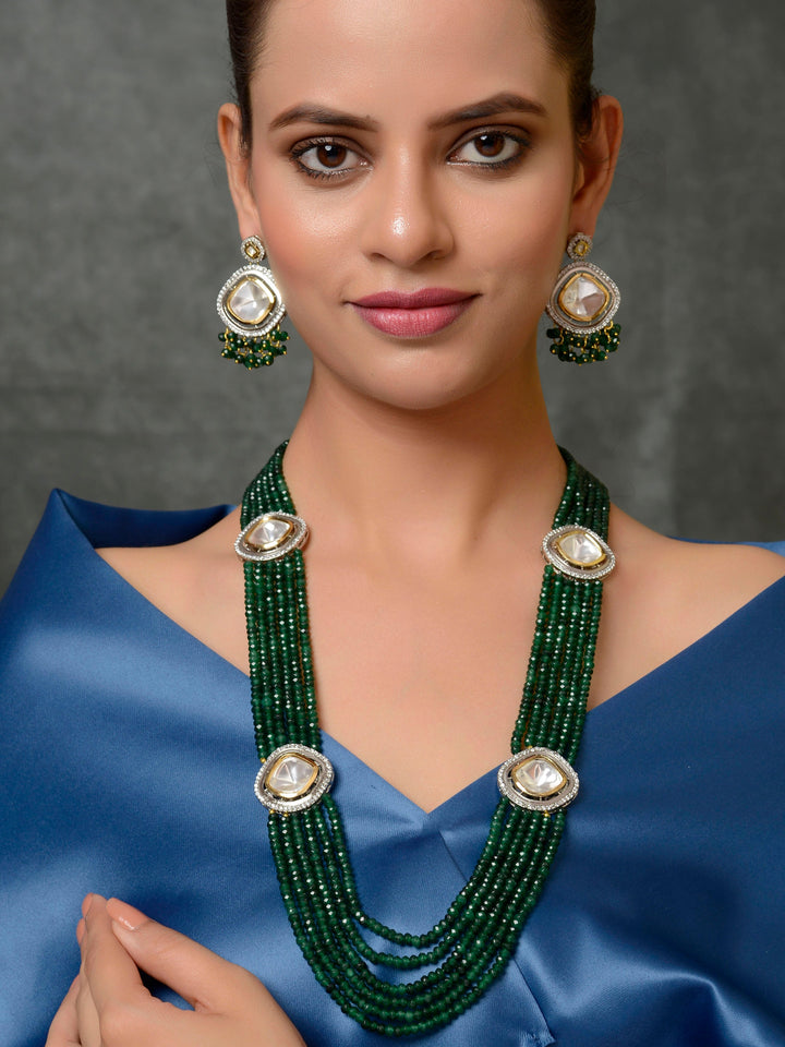 Dastoor Gold-Plated Green Kundan Polki Jewellery Set
