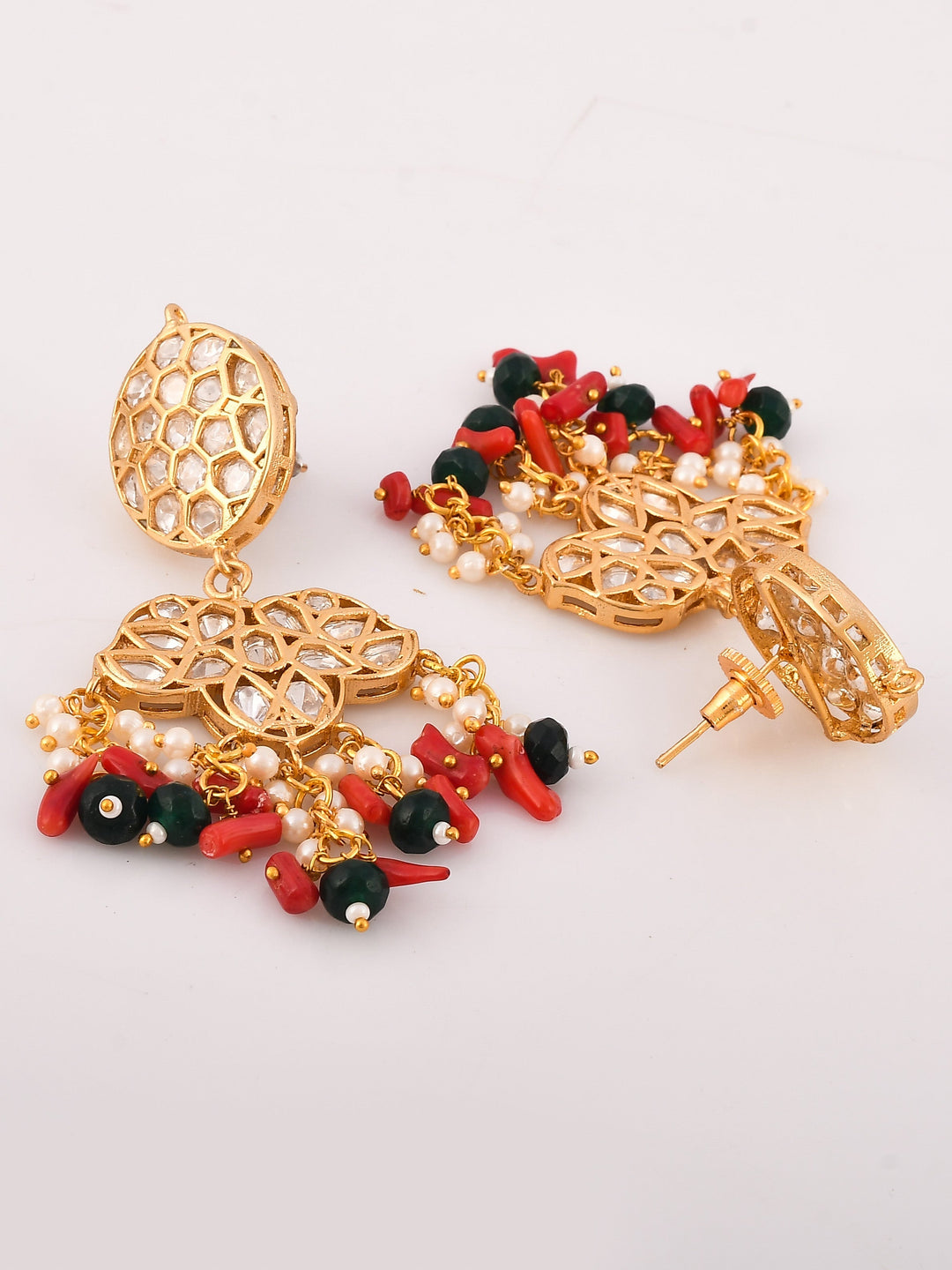 Dastoor Gold-Plated Red  White Kundan-Studded  Beaded Jewellery Set
