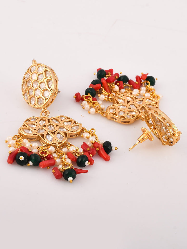 Dastoor Gold-Plated Red  White Kundan-Studded  Beaded Jewellery Set