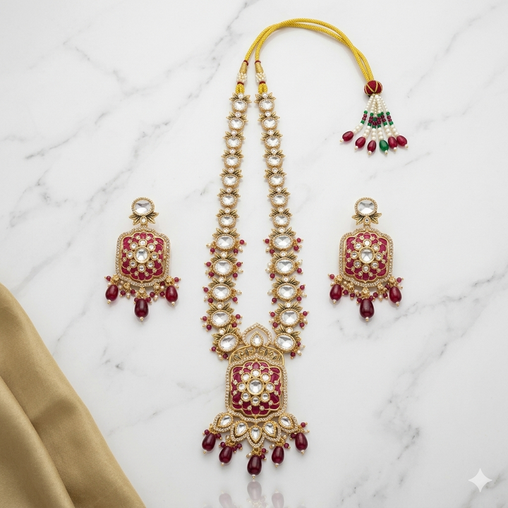 Kundan Polki Long Necklace Set with Red Beads Earrings Gold Plated