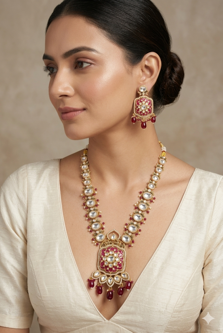 Kundan Polki Long Necklace Set with Red Beads Earrings Gold Plated