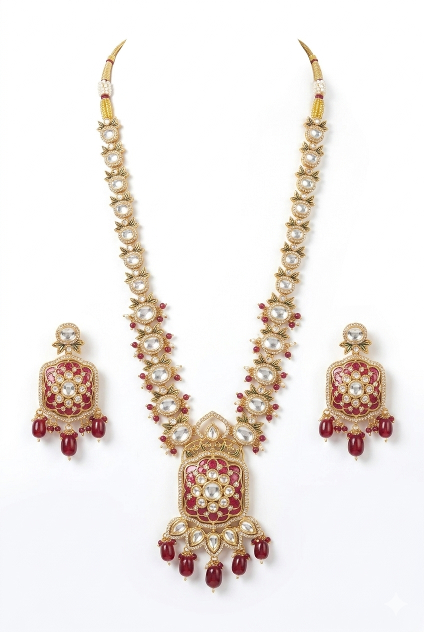 Kundan Polki Long Necklace Set with Red Beads Earrings Gold Plated