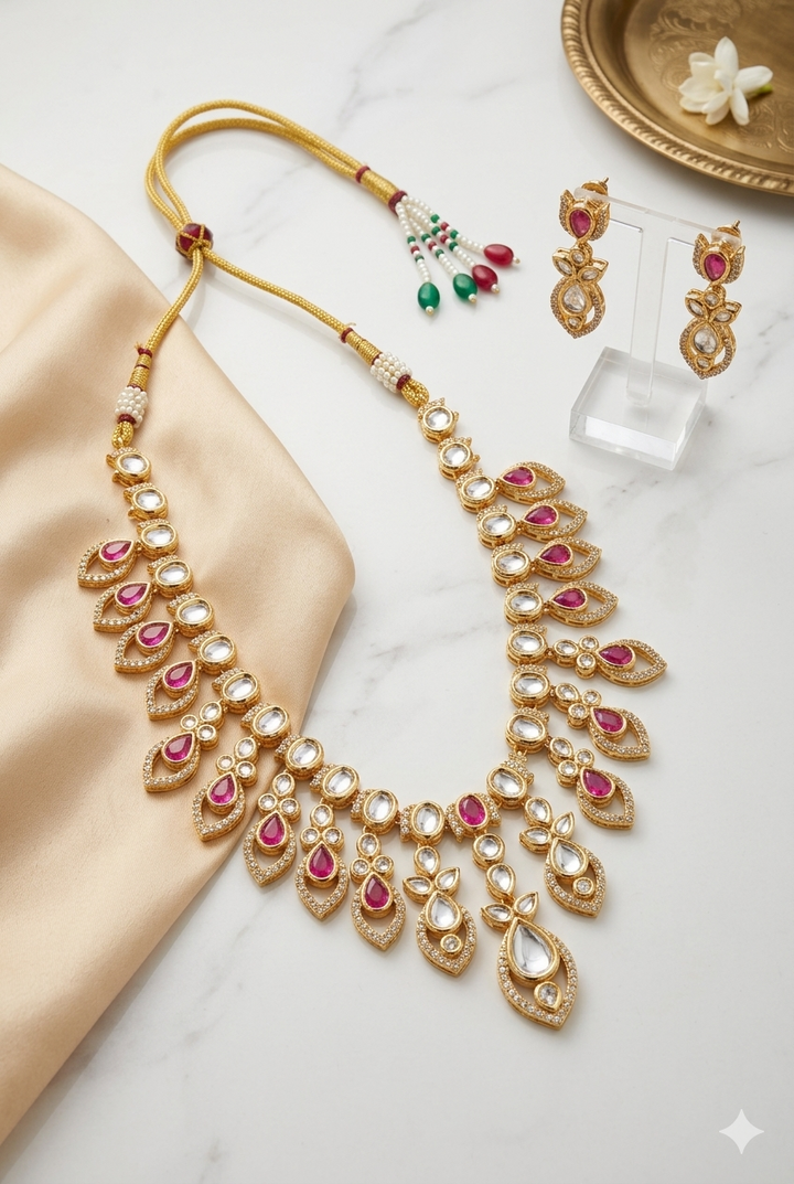 Pink Stone Kundan Polki Necklace Set with Earrings Gold Plated Design