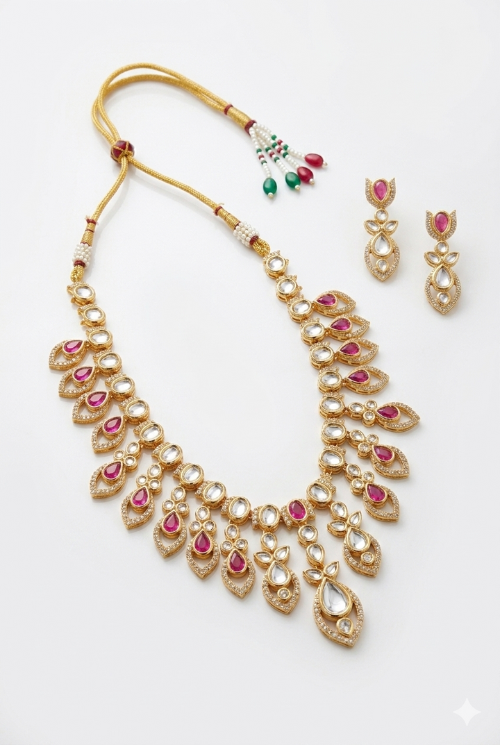 Pink Stone Kundan Polki Necklace Set with Earrings Gold Plated Design