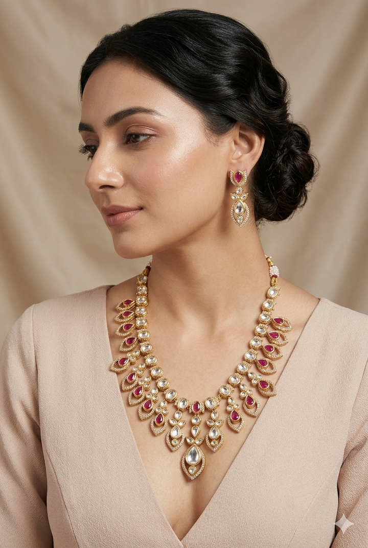 Pink Stone Kundan Polki Necklace Set with Earrings Gold Plated Design