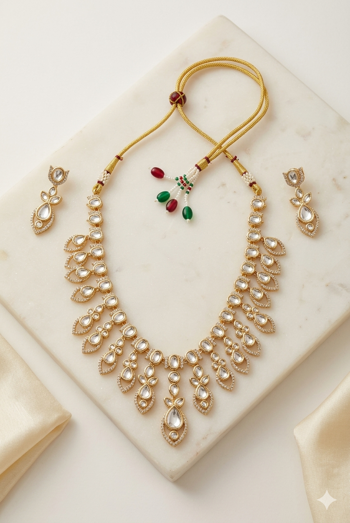 Elegant Kundan Necklace Set with Drop Earrings Bridal Party Wear Gold Finish