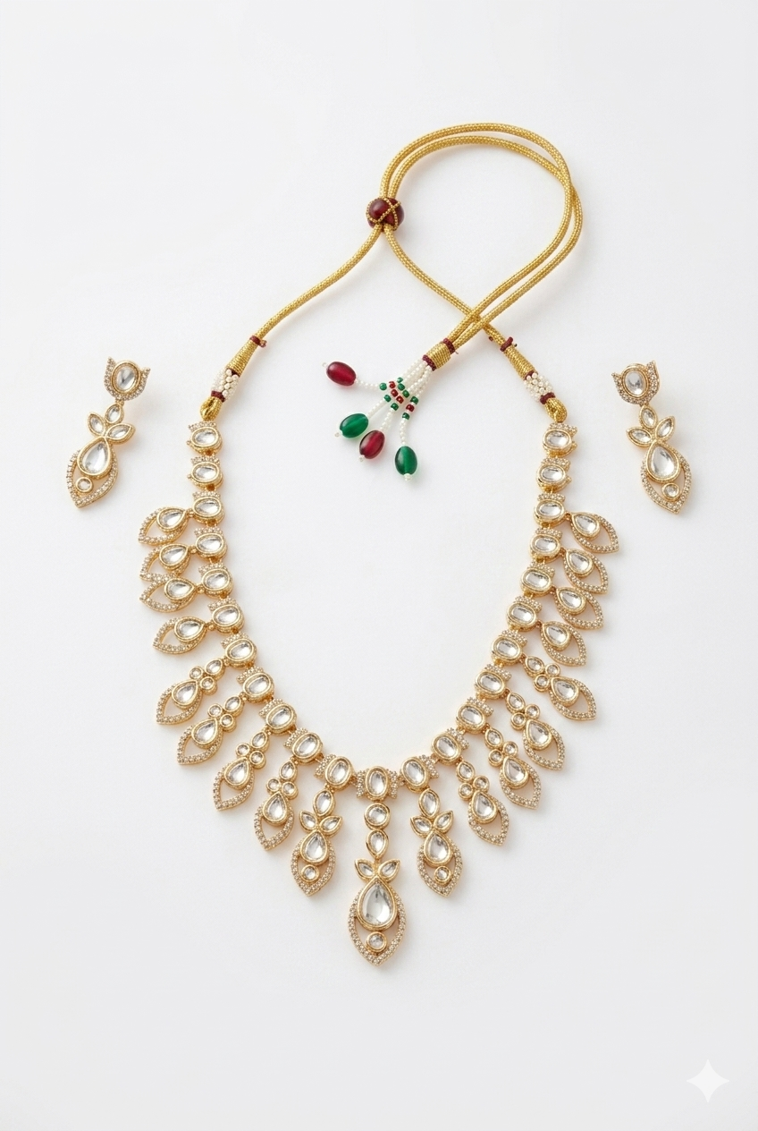Elegant Kundan Necklace Set with Drop Earrings Bridal Party Wear Gold Finish