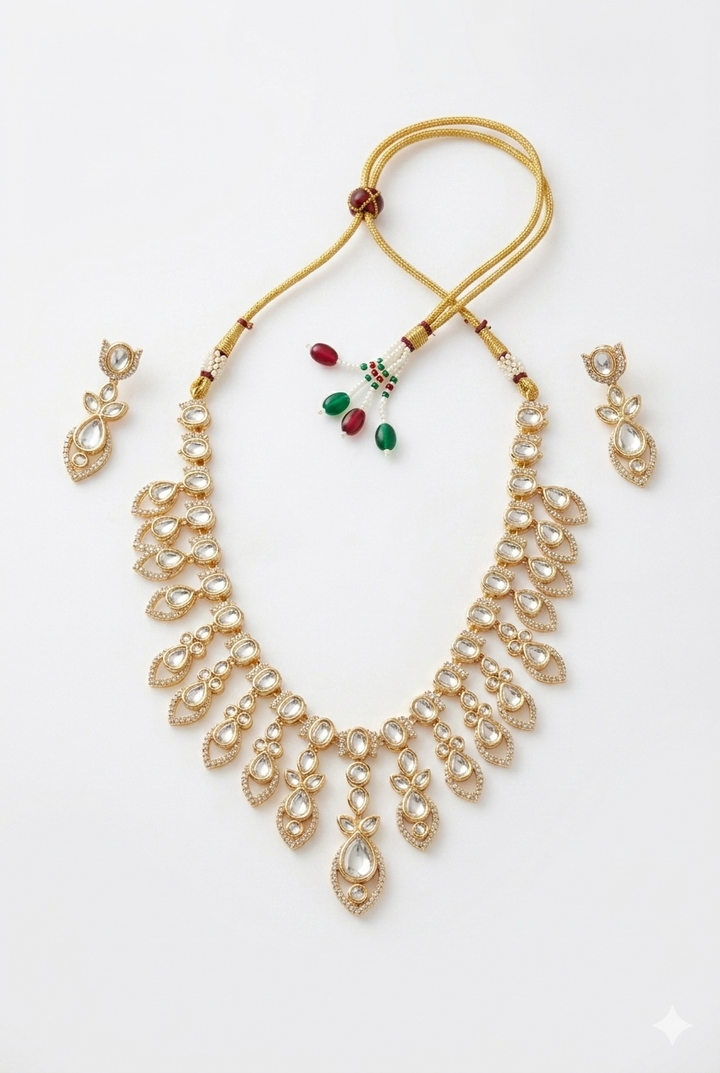 Elegant Kundan Necklace Set with Drop Earrings Bridal Party Wear Gold Finish
