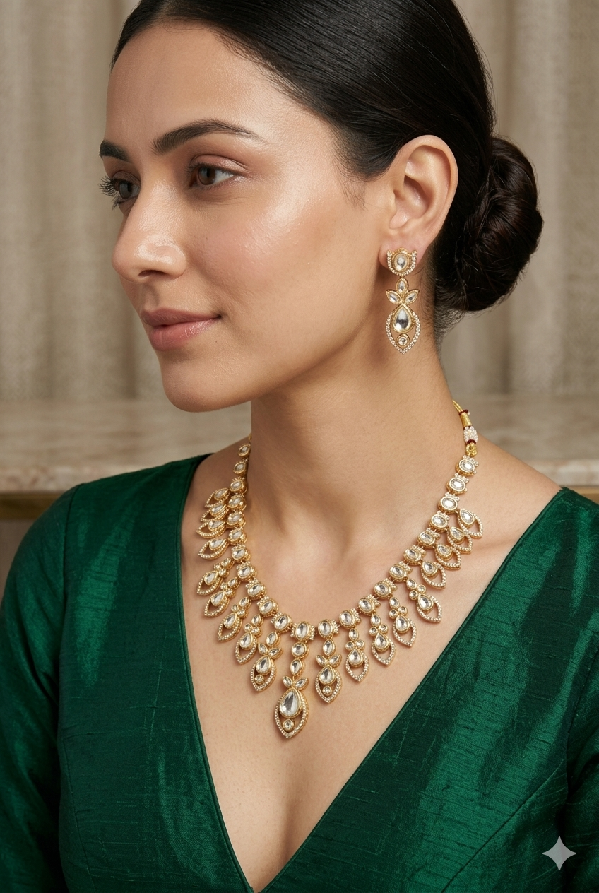 Elegant Kundan Necklace Set with Drop Earrings Bridal Party Wear Gold Finish